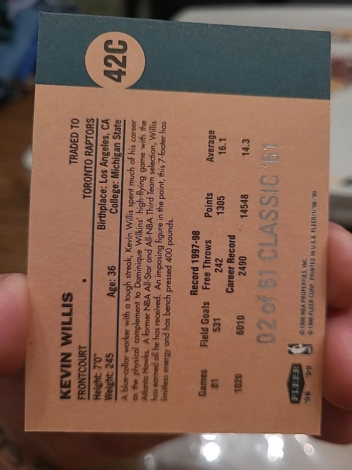 98 Fleer Tradition Classic '61 Kevin Willis /61 Super Rare! Grade Worthy 42C - Image 2 of 4