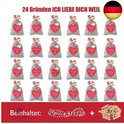 Adventskalender zum Selbst Befüllen, Filzsäckchen mit 24 Gründen Ich Liebe Di - Bild 2 von 7