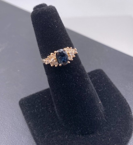 Juego de anillo de cóctel de diamantes de zafiro natural de oro amarillo 14K talla 5 clavijas 0,30 CTW - Imagen 2 de 11