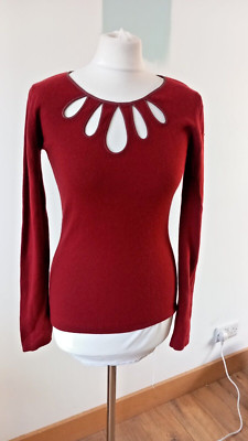 MAX & MOI 100% Kaschmir Pullover rostrot UK Gr. UK 8 Leder eingefasst