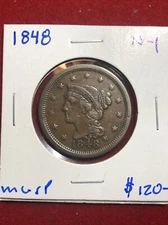 1848 N-1 Philadelphia Mint Copper Braided Hair Large Cent Free Shipping