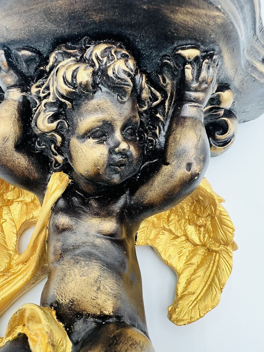 Vintage Brown Plastic Cherub Angel Wall Sconce Shelf Gold Wings
