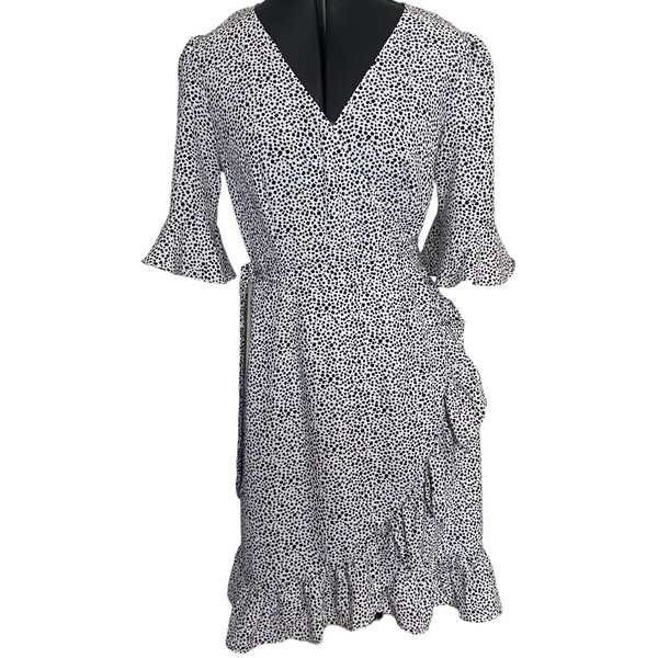 Ava Womens Wrap Dress Black & White Spots Size 10 Ruffle Hem Short Sleeve Summer