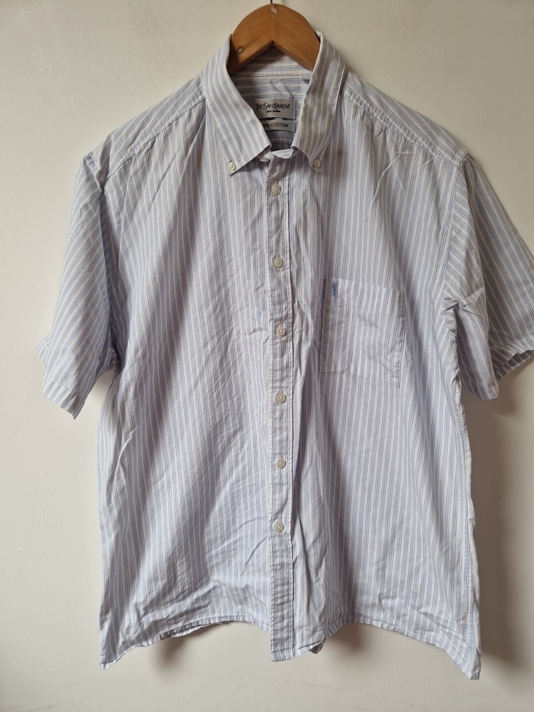 Camicia Yves Saint Laurent blu gessato manica corta taglia XL