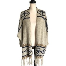 Debut Tribal Pattern Aztec Print Fringe Kimono Cardigan One Size M/L
