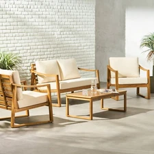 Johnlucas Outdoor 4 Seater Acacia Wood Chat Set with Water Resistant Cushions
