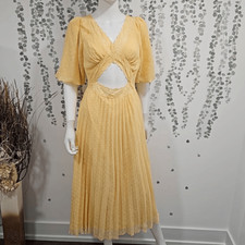 ASOS DESIGN lace insert cut out textured pleated midi dress in lemon yellow Sz 6