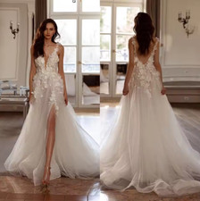 Modern A Line Wedding Dresses 3D-Appliques Flowers Sexy Backless Bridal Gowns