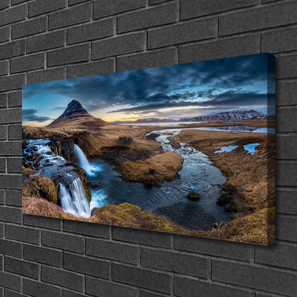 Tableau paysage montagne cascade impression sur toile 100x50 cm panoramique