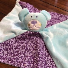 Babies R Us Teddy Bear Blue Purple Lovey Security Blanket Knotted Corners 11"