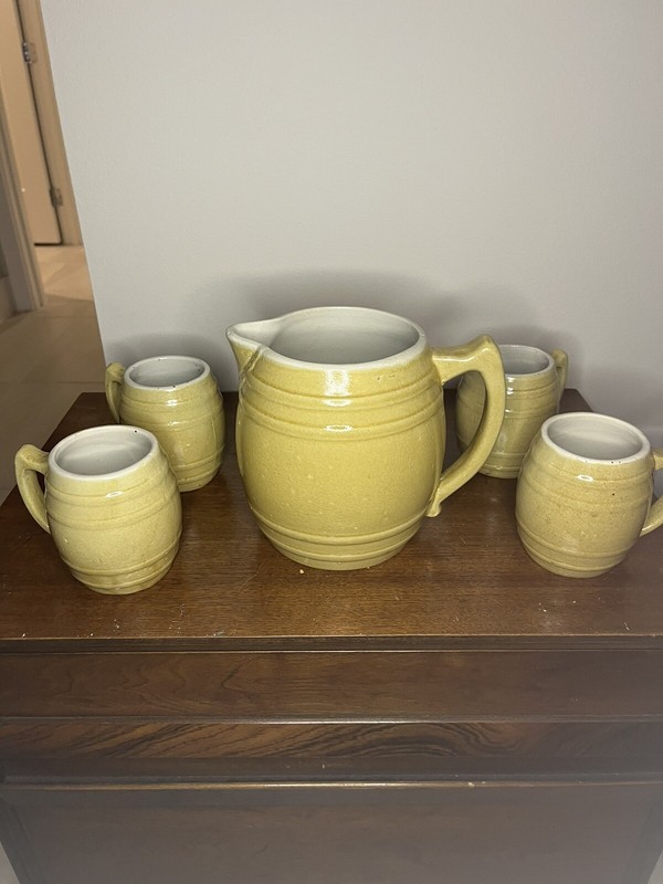 Uhl Pottery Barrel Pitcher & 5 Barrel Mugs Set