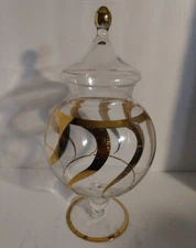 Vintage 11” tall Clear Glass Pedestal Jar Circus Top Lid Gold Spiral Candy Dish