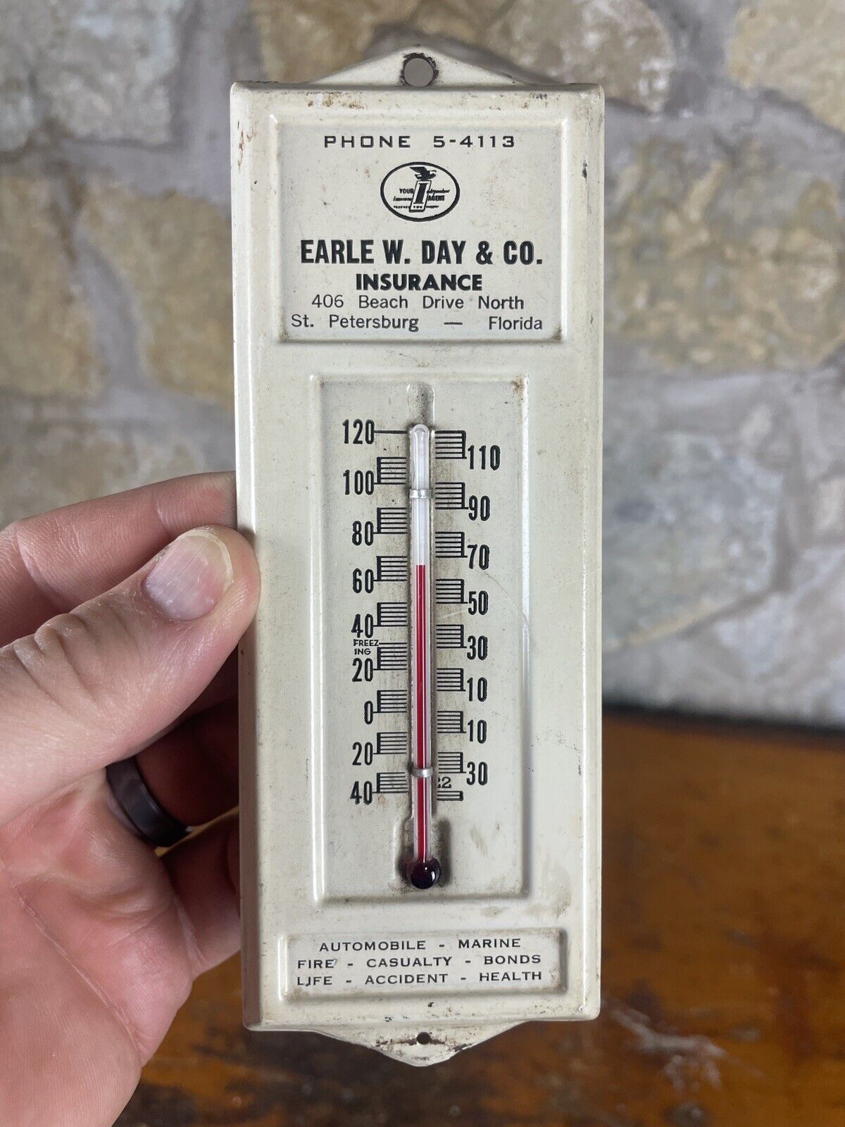 Vintage Metal Wall Thermometer Old Advertising Earle Day Insurance St Pete FL