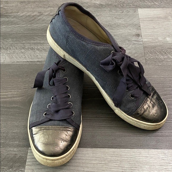 Lanvin Paris Shoes Sneakers Blue Denim Pewter Toe Cap Metallic Ribbon $595 7.5