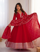 Women Red Anarkali Gown Dupatta Vichitra Silk Party Wear Wedding Dress Set