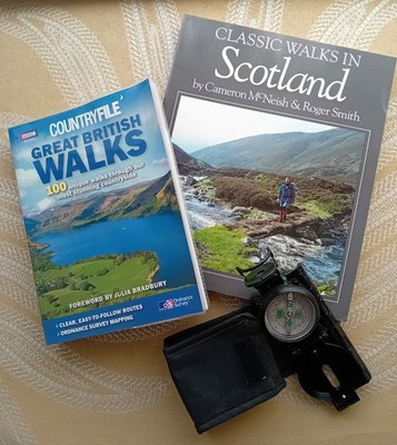 Two Hiking Walking Britain Route Map Books & Nat Geographic Compass - As Shown