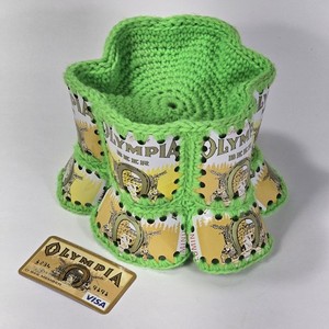 Vintage 70s Crochet Knit Green Banquet Olympia Beer Can Bucket Hat & OBEE Magnet