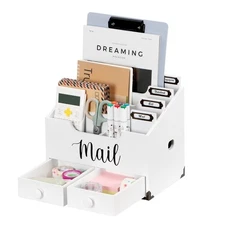 Organizer Desktop, Wood Desk Organizer with 2 Drawers, 4 Compartments for Hom...