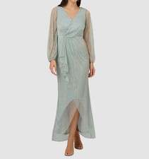 Adrianna Papell Womens Blue Metallic V Neck Sheer Dress Plus Size 16W