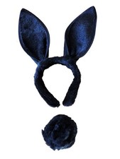 Plush Bunny Ears Headband Fuzzy Tail Costume Set Black