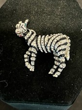 Zebra Horse Crystal Rhinestone Brooch Pin Vintage Black Enamel