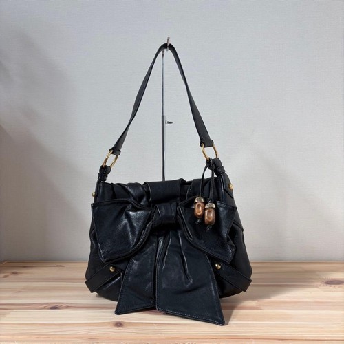 Yves saint Laurent Ribbon One Shoulder Bag Leather Black Rive Gauch Used Auth