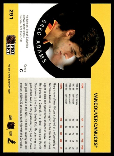 1990-91 Pro Set Greg Adams Vancouver Canucks #291 - Picture 2 of 2