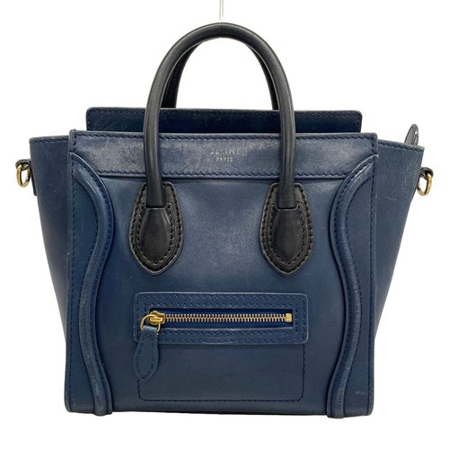 CELINE Luggage Nano Shopper Navy Black Leather Satchel Shoulder Bag Auth