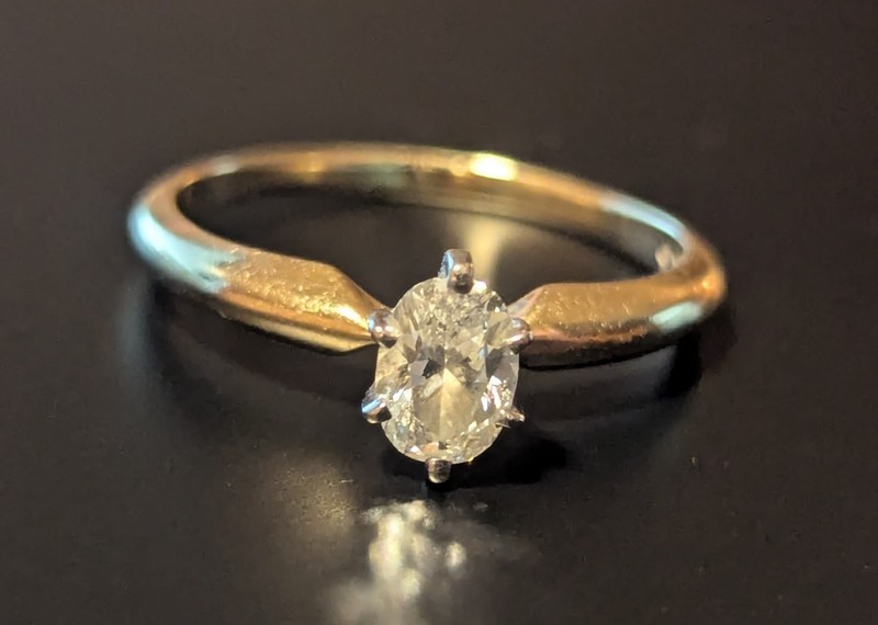 Oval Cut Six Pronged 14k Yellow Gold Diamond Ring For Women (Est. Size 7)