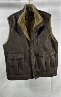 Johnston & Murphy Men's Brown Faux Leather Shearling Lined Zip Snap Vest Sz L