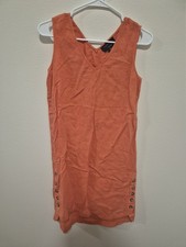 Tahari Orange 100% Linen Sleeveless V-Neck Dress Button Hem Slit Summer XS