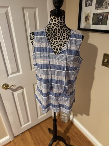 Top smanicato Talbots blu rosso bianco testurizzato a righe cravatta collo taglia M nappa - Foto 1 di 6