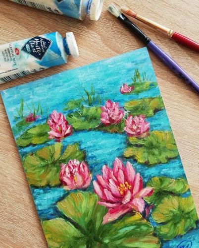 Blumen Original Ölgemälde gerahmt - Lotus Sammlerstück kleines Kunstwerk 5"x7" - Bild 9 von 11