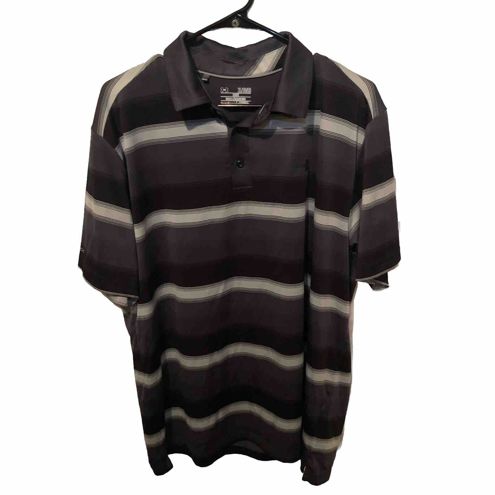Under Armour Polo Shirt Mens XL Loose Fit Black Gray Stripe Active HeatGear Golf