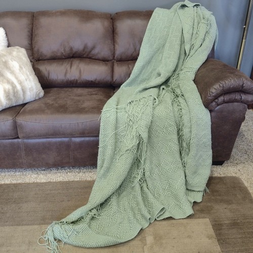 Manta de cama vintage tejida a mano verde salvia corazón flecos 80 X 84