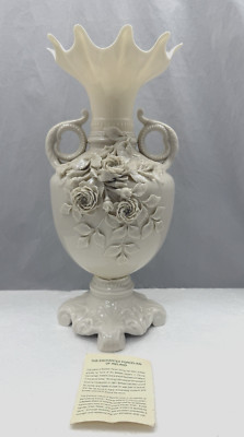 BELLEEK Ireland Parian Ivory Porcelain Raised Floral Jug Vase 13'' Green Stamp