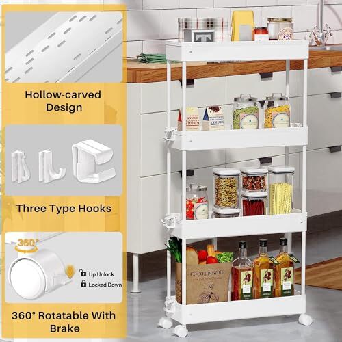 Slim Rolling Storage Cart 4 Tier Bathroom Organizer Mobile Shelving Unit White - Bild 3 von 7