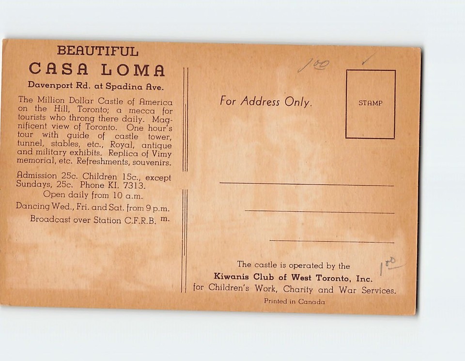 Postcard Casa Loma Davenport Road at Spadina Avenue Toronto Ontario