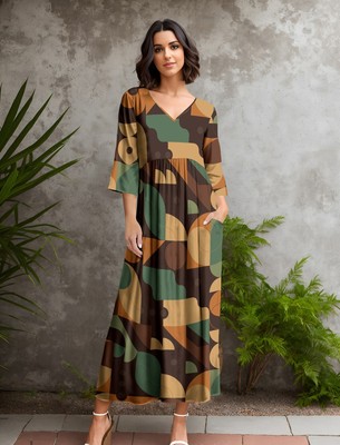 Bon Apple Tea Women's 3/4 Sleeve V-neck Empire Waist Maxi Dress with Pockets