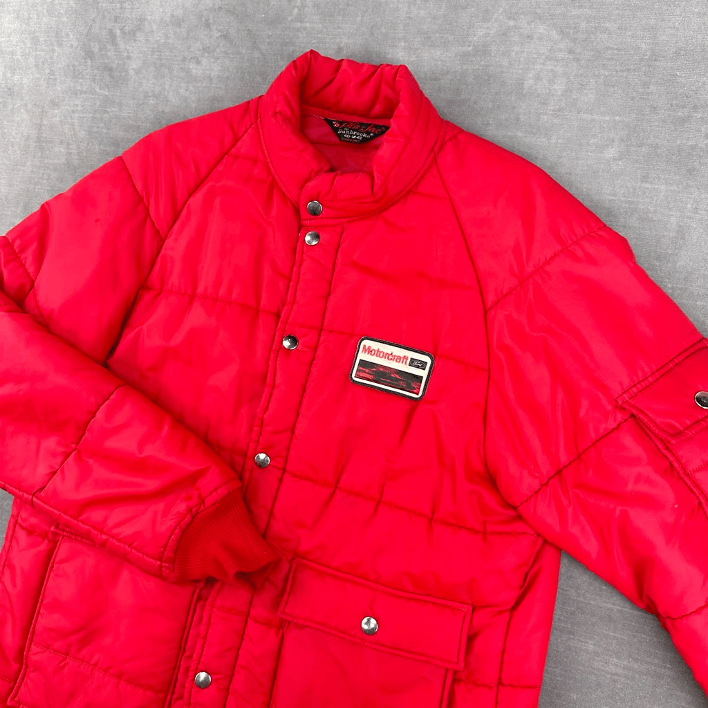 VTG 70s Ford Motorcraft Puffer Jacket Mens 40/M Red Racing Snap Up