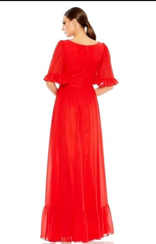 Ieena Mac Duggal Gown Size 12 Maxi Dress Red Flutter Sleeve Wrap Slit NWT$498 - Picture 2 of 11
