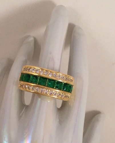 Vintage Jewellery Gold Band Ring with Emeralds White and Sapphires Deco Jewelry - Picture 3 of 8