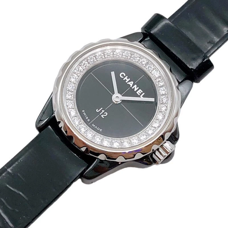 CHANEL J12 XS H4663 Quartz Black Dial Diamond Stainless Leather Womens Watch