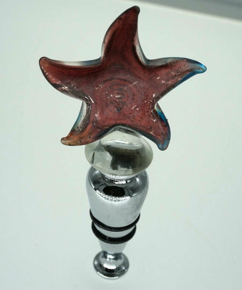 Dichroic Blue Pink Art Glass Star Fish Handmade Wine Bottle Stopper Chrome Base  - Image 2 of 4