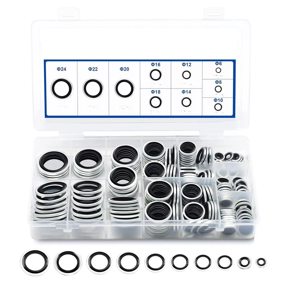 kit 165 RONDELLE GUARNIZIONI METALLO GOMMATO PER TAPPO OLIO MOTORE 10 MISURE - Immagine 3 di 4