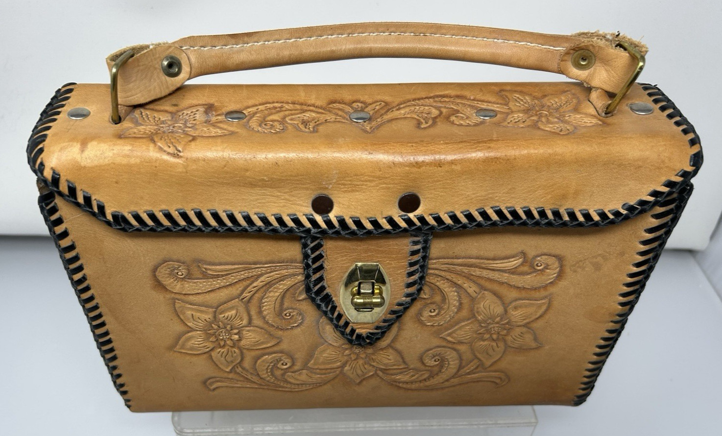 Vintage Hand Tooled Leather Rectangular Hand Purs… - image 2