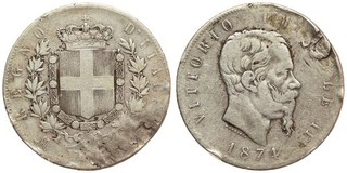 Italy 5 Lire 1874 Vittorio Emanuele II Silver