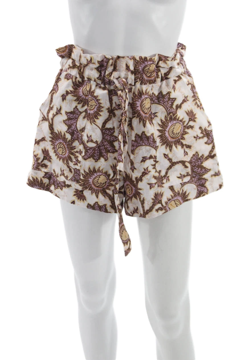 A.L.C. Womens Paperbag Linen Floral Shorts White Tie Size 0