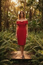 Eliza J Red Sheath Midi Dress Sweetheart Neck Bow Slit Sleeveless 12 Polyester