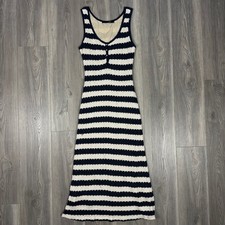 Navy, Tan & Gold Fitted Knit Overlay Midi Dress - SIZE L Nautical Preppy Summer